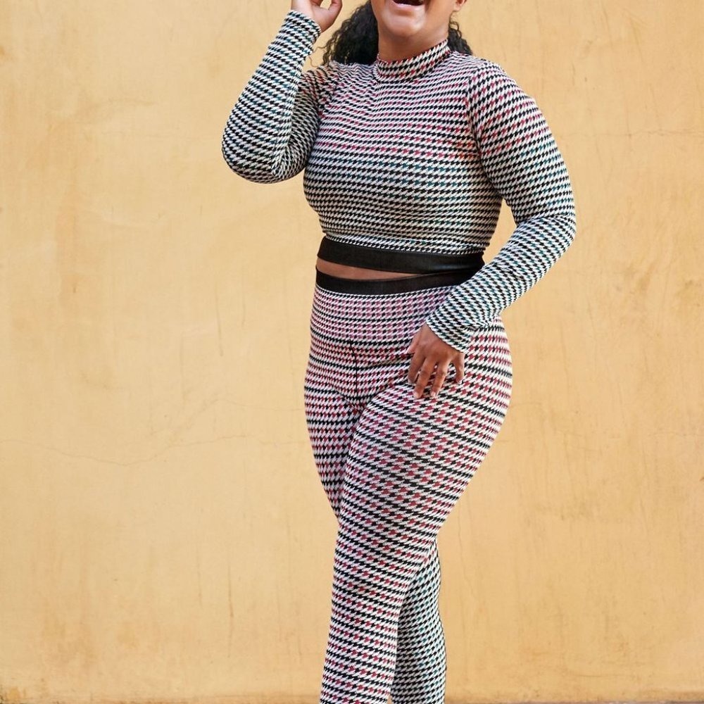 Houndstooth Crop Long Sleeve Athletic Compression Top Athleisure Gym Yoga Large - Picture 4 of 9